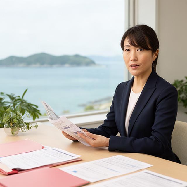 瀬戸内海を望む香川県土庄町の相談室で資料を確認するファイナンシャルプランナー