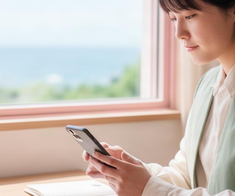 瀬戸内の明るい窓辺でスマートフォンと家計ノートを見つめる若手会社員